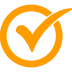 Approval symbol in orange circle.