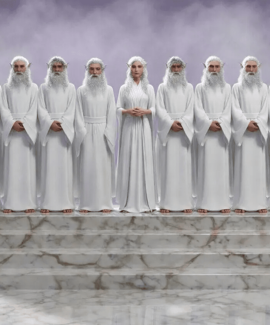 Seven men and one woman in robes