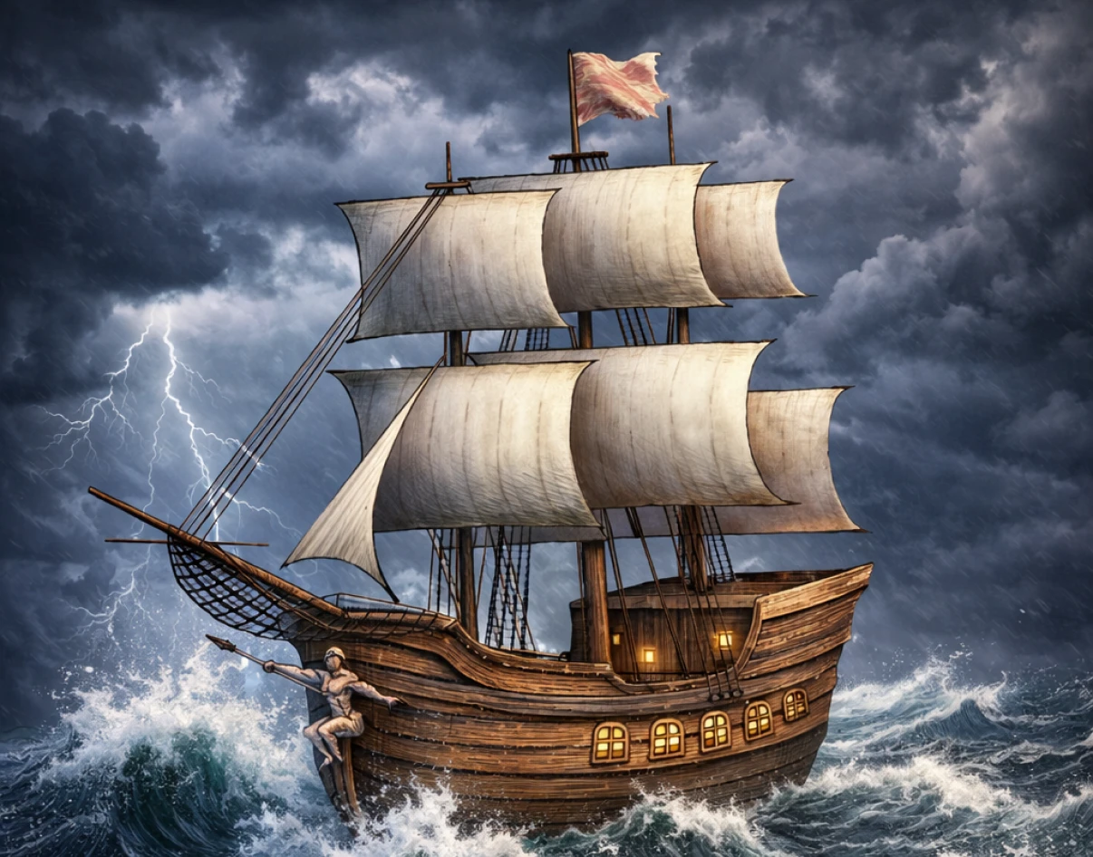 Sailing ship in stormy seas